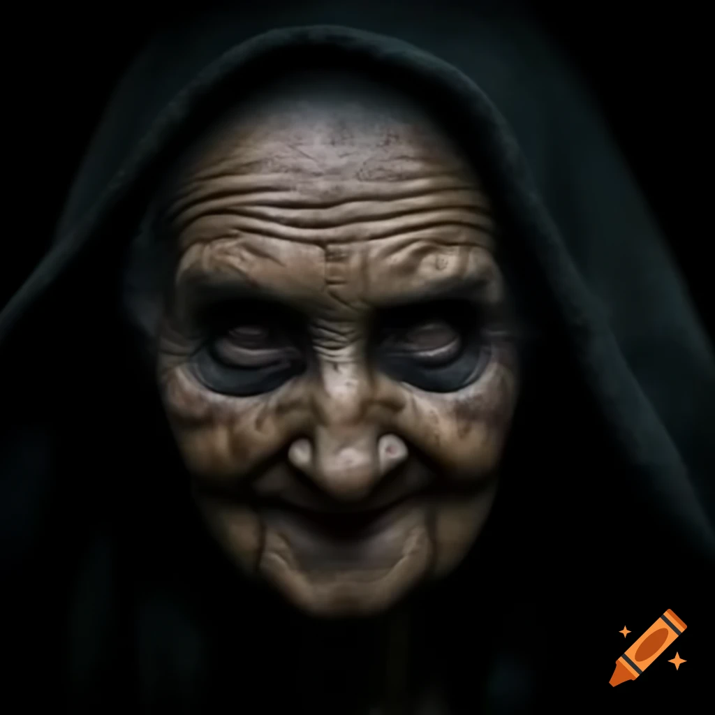 Dark vintage portrait of a frightening old woman
