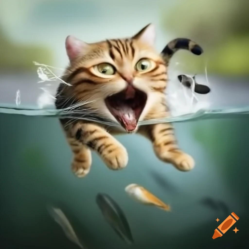 Cat running with fish in its mouth