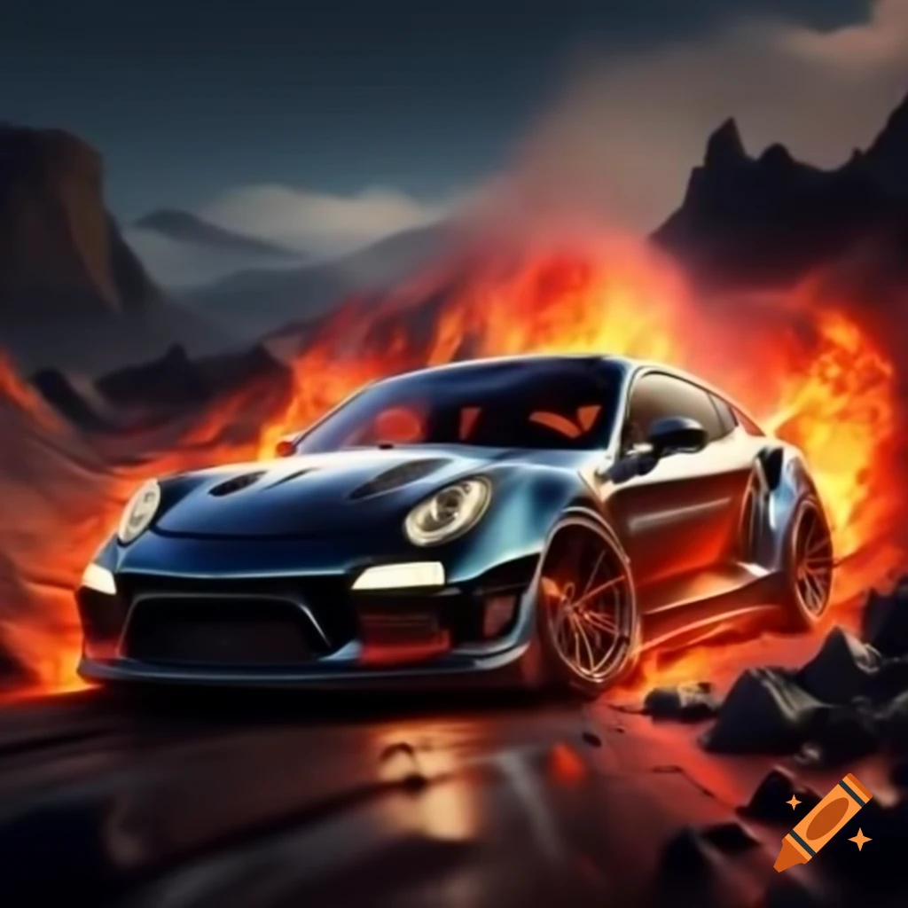 Sport car racing through wave of lava