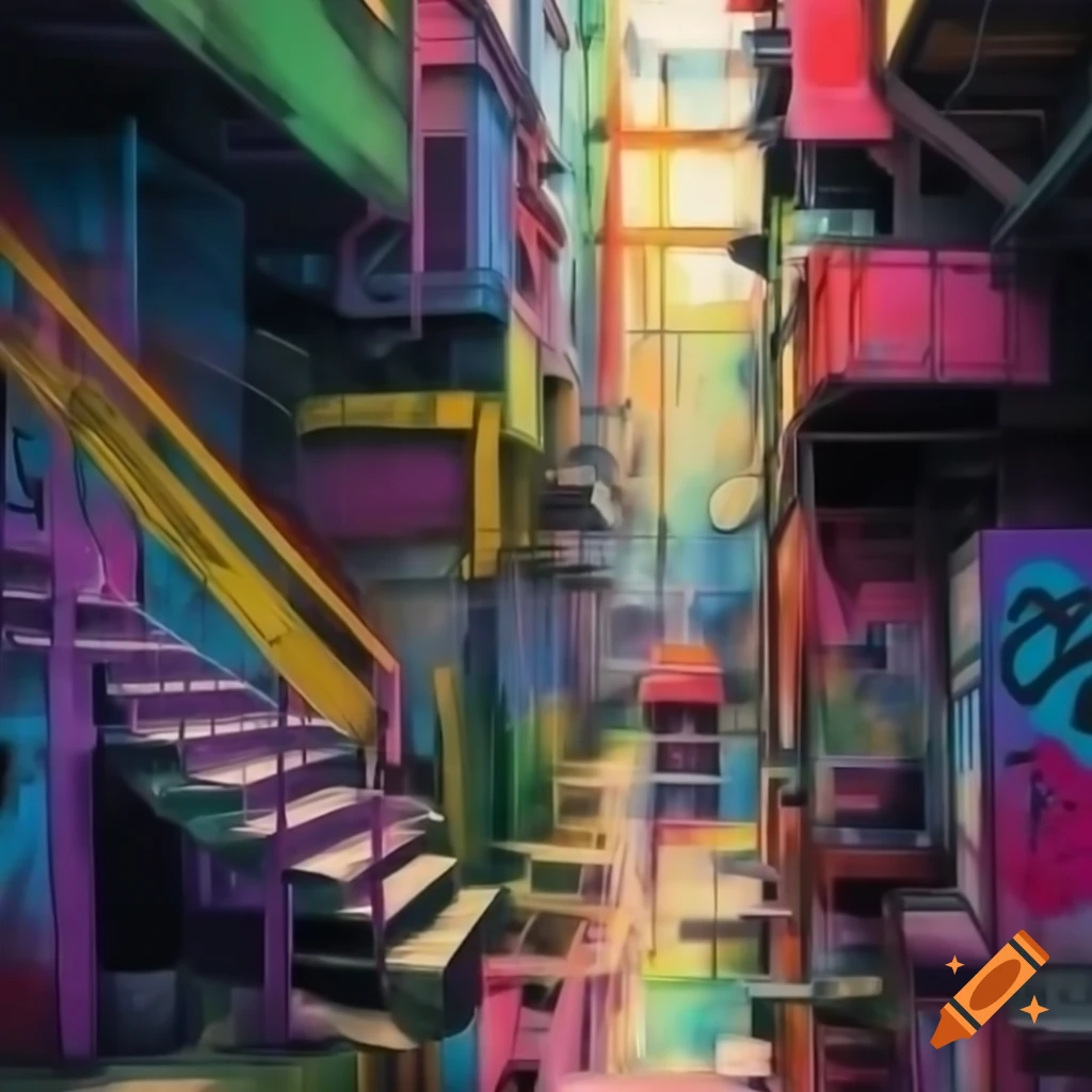 Colorful city ghetto featuring vibrant graffiti art
