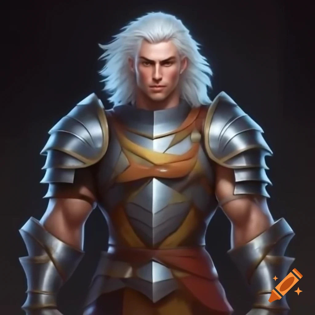 Young white-haired armored muscular knight shown in half-body portrait