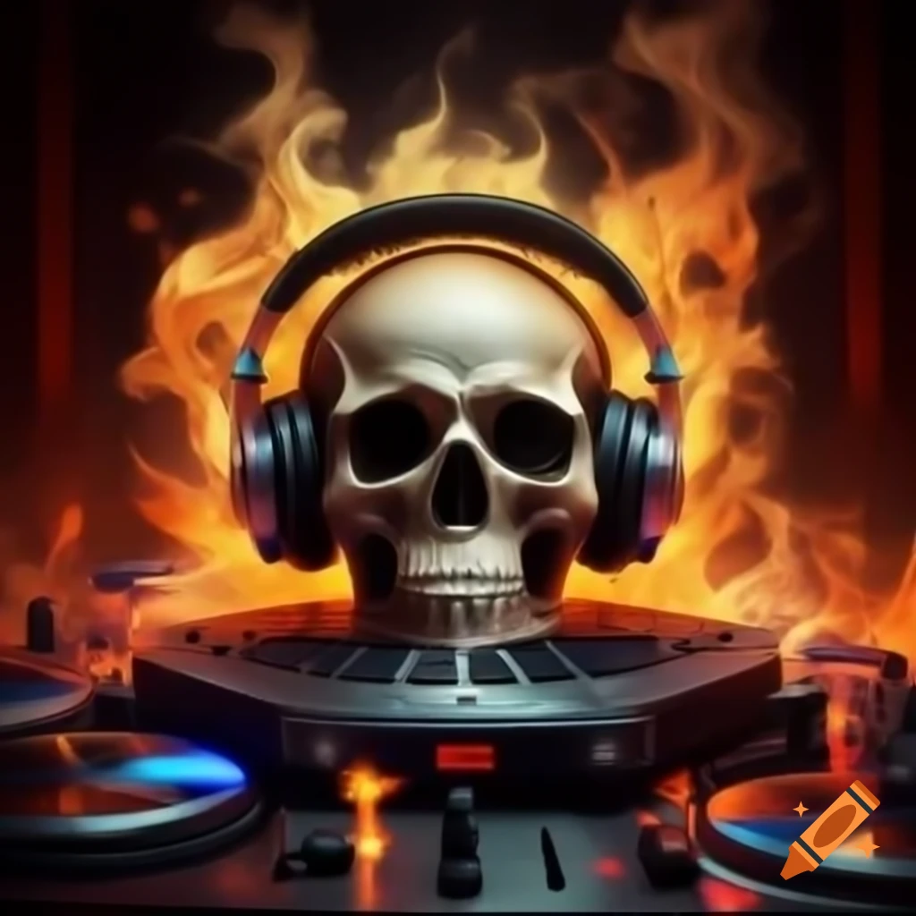 Skull with DJ headphones on turntables lighting up dance floor