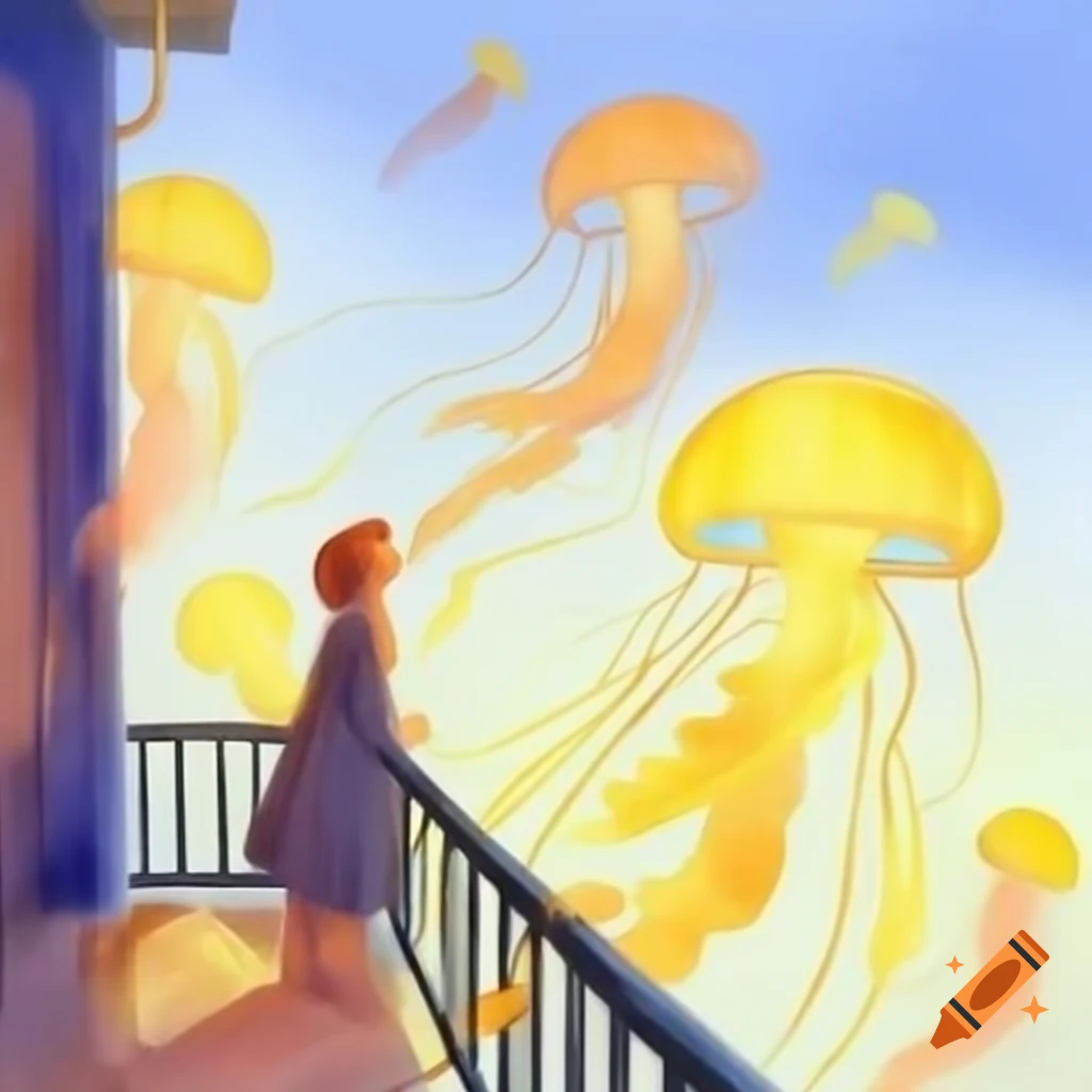 Surreal watercolor of glowing jellyfish near balcony with person looking out in warm yellow tones