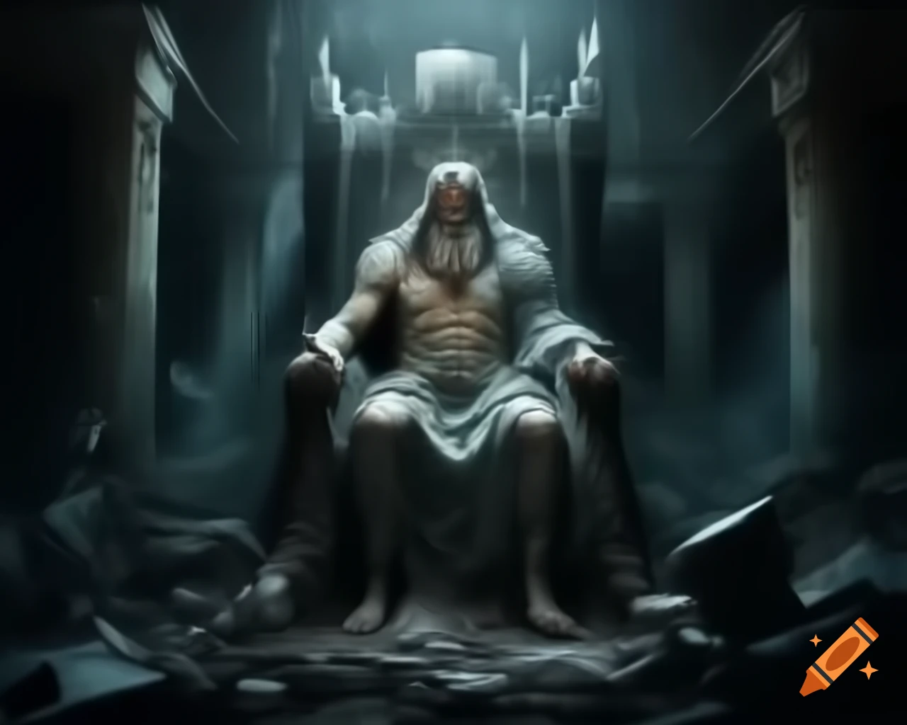 Majestic weeping granite king on crumbled throne holding shattered crown