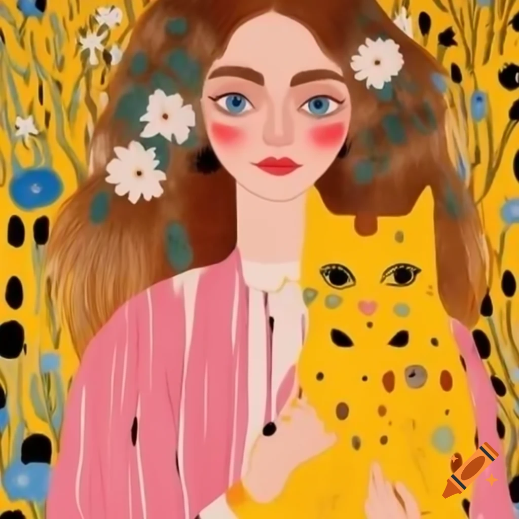 Woman in pink dress holding yellow fluffy cat with flower background, Klimt style