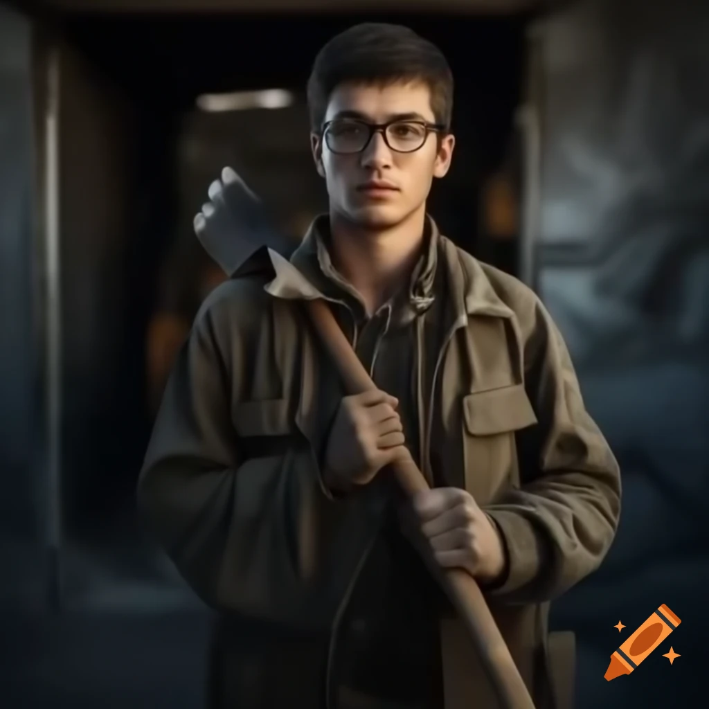 Young man in rugged work clothes standing at chrome mine entrance with pickaxe