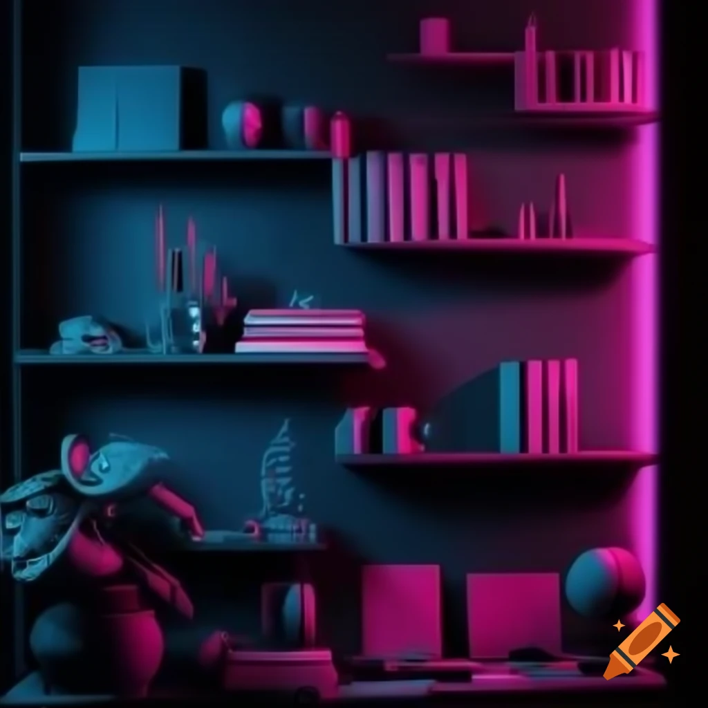 Dimly lit professional YouTube studio with dark charcoal pink and navy blue accents