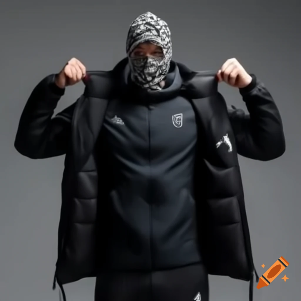 Man in patterned ski mask and black jacket flexing money
