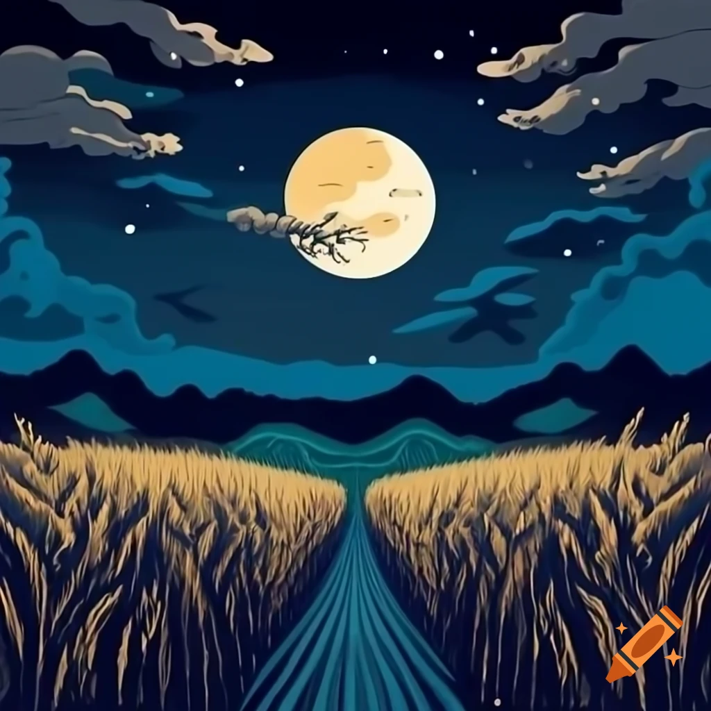 Full moon over wheat field at night with stars, ukiyo-e style