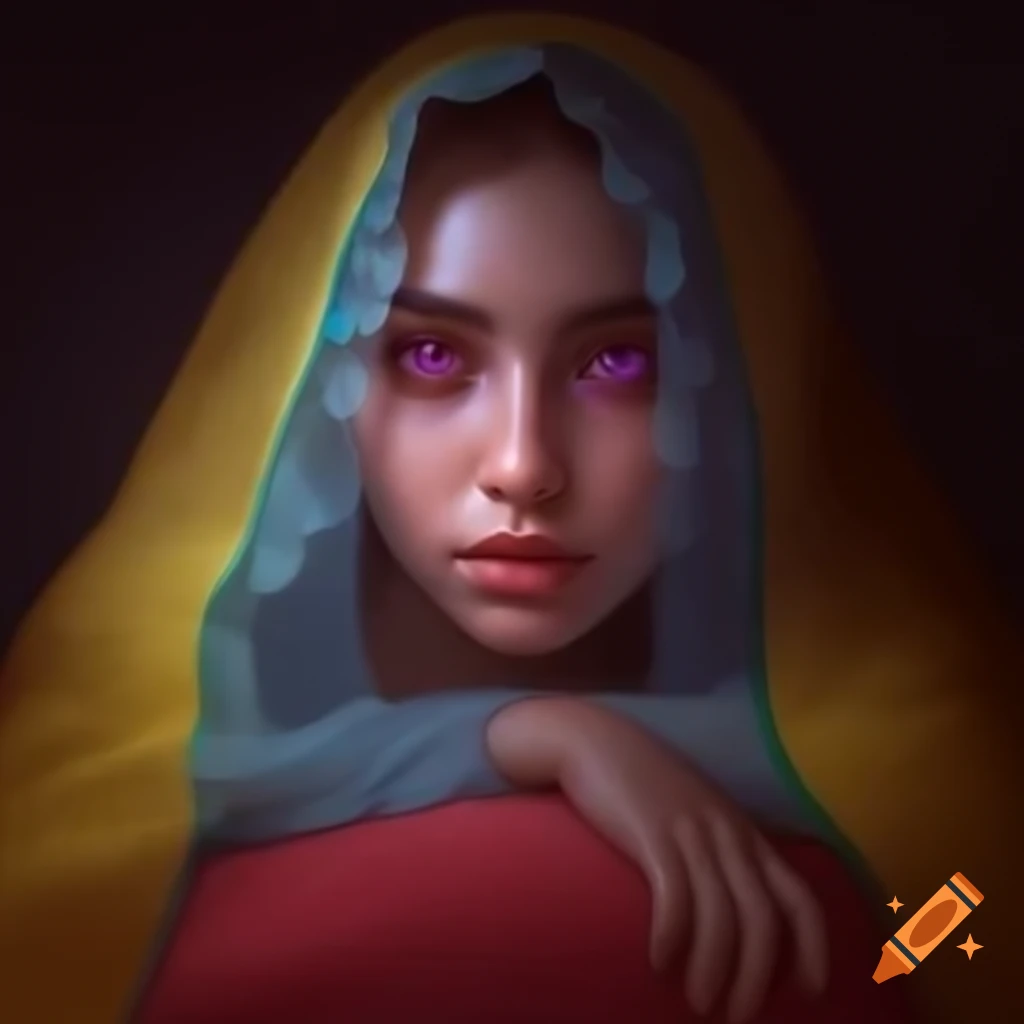 Caucasian woman with brown eyes partially visible under colorful veil in a fantasy harem tent