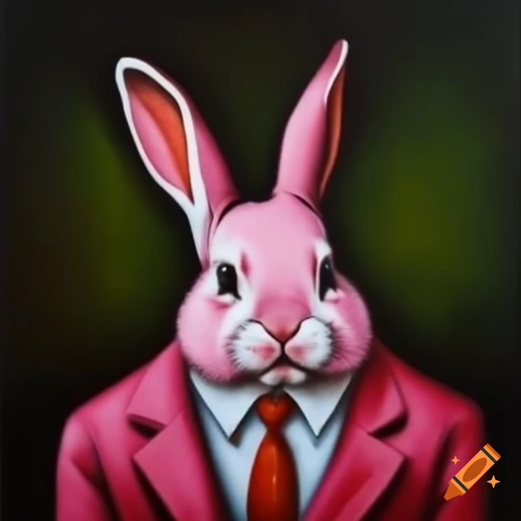 Sad humanoid pink rabbit wearing a suit