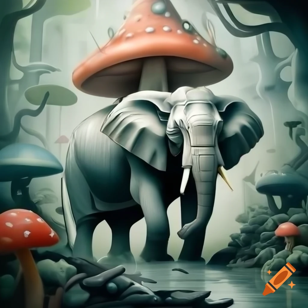 Surreal illustration of elephant on oversized mushroom in fantastical forest