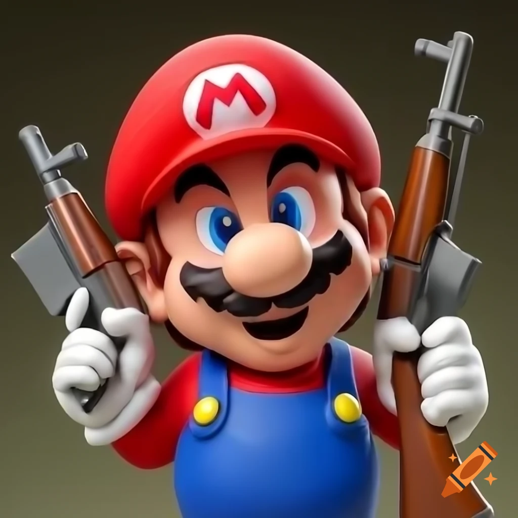 Mario character holding an AK47 in a playful context