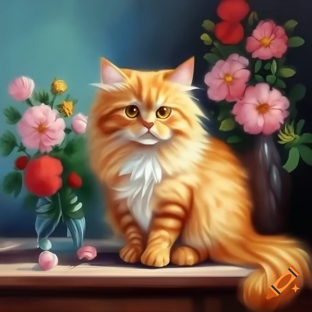 Oil painting of golden long-haired cat on table with beautiful flowers