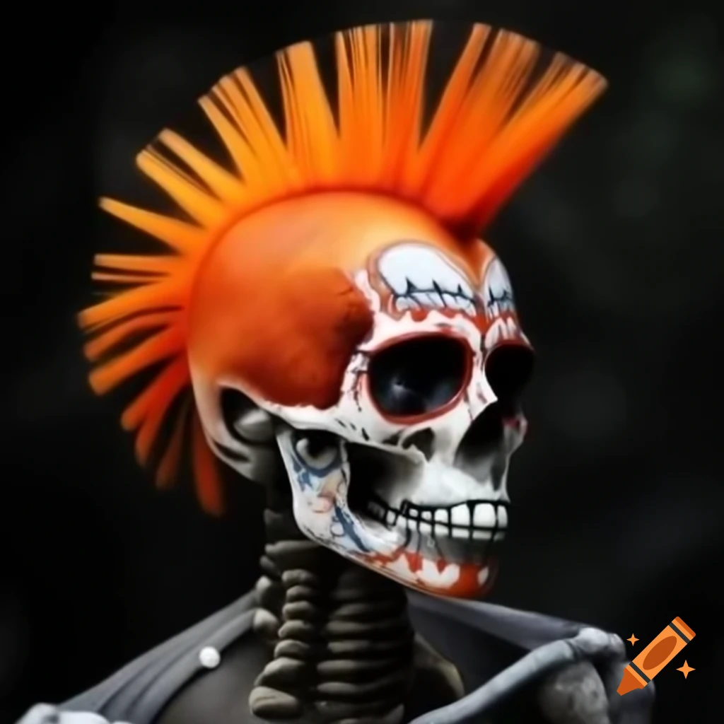Punk rock Día de Muertos sugar skull with orange mohawk