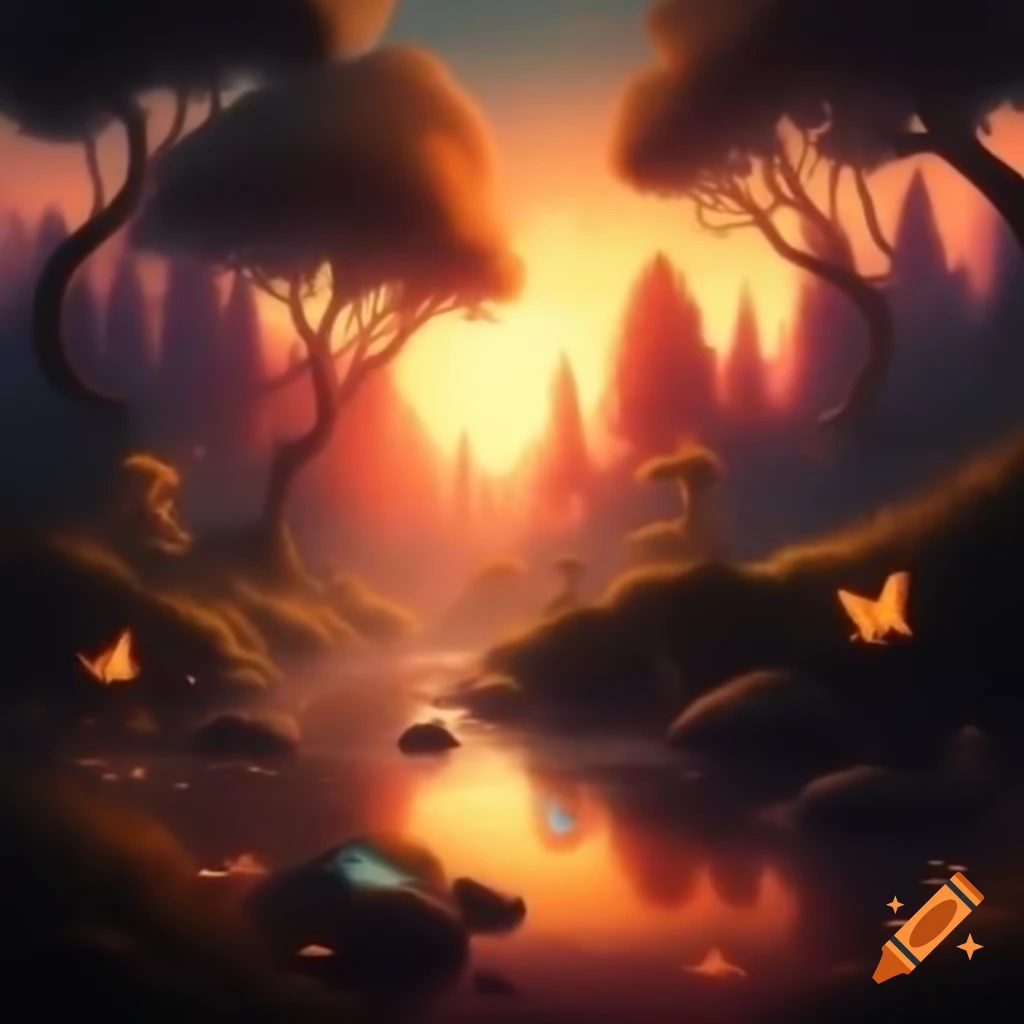 Magical forest at sunset with glowing orange and gold leaves and a small clear river