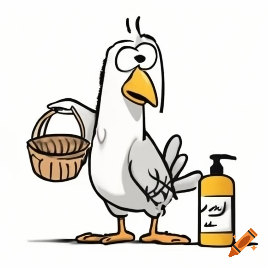 Cartoon bird carrying basket with shampoo bottle