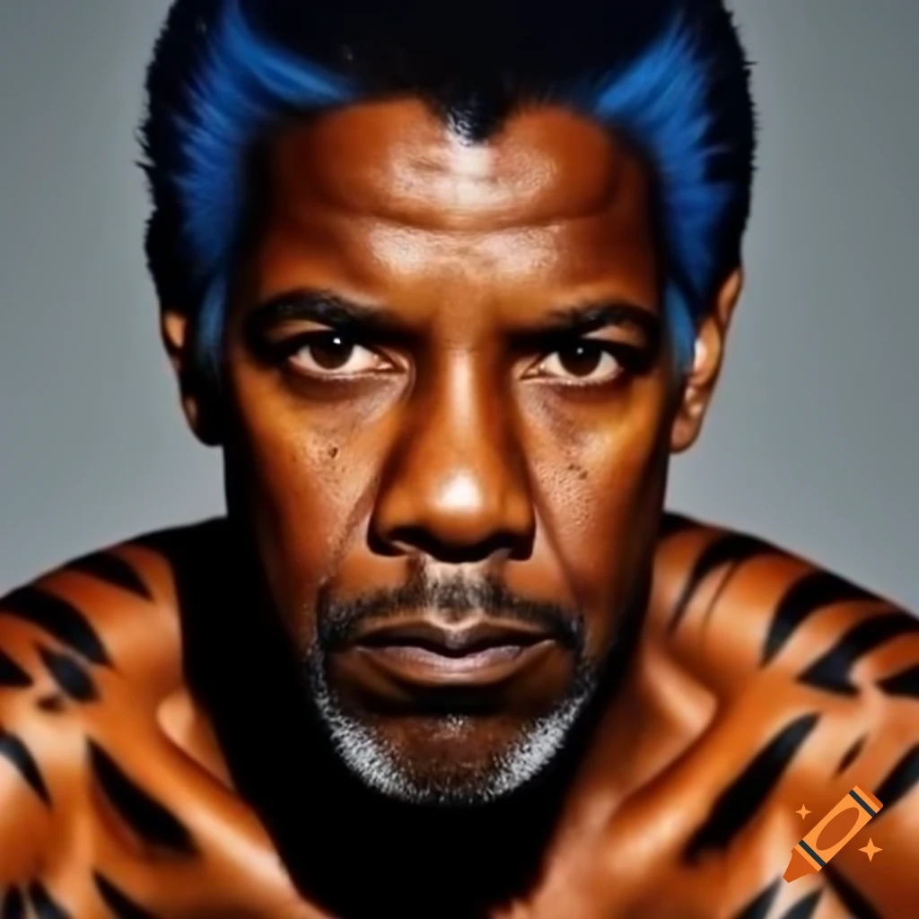 Muscular figure resembling a tiger with blue hair and orange skin featuring black stripes