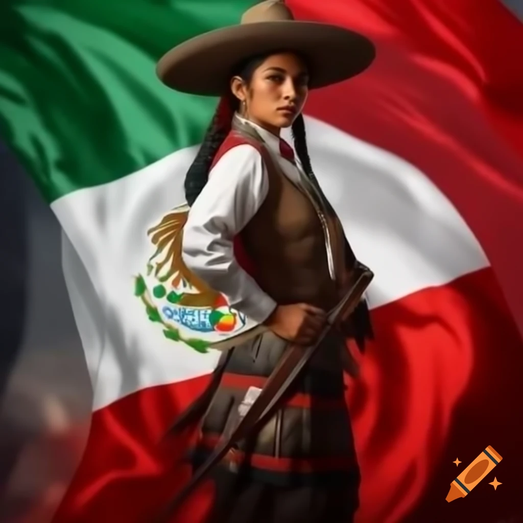 Strong young Mexican woman embodying loyalty and love for Mexico with flag and warrior background