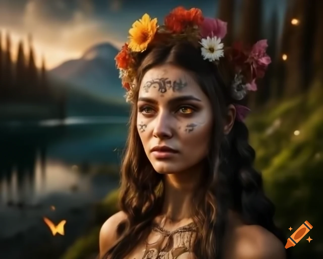 Hyperrealistic portrait of Slavic woman with flowers and butterflies in her hair