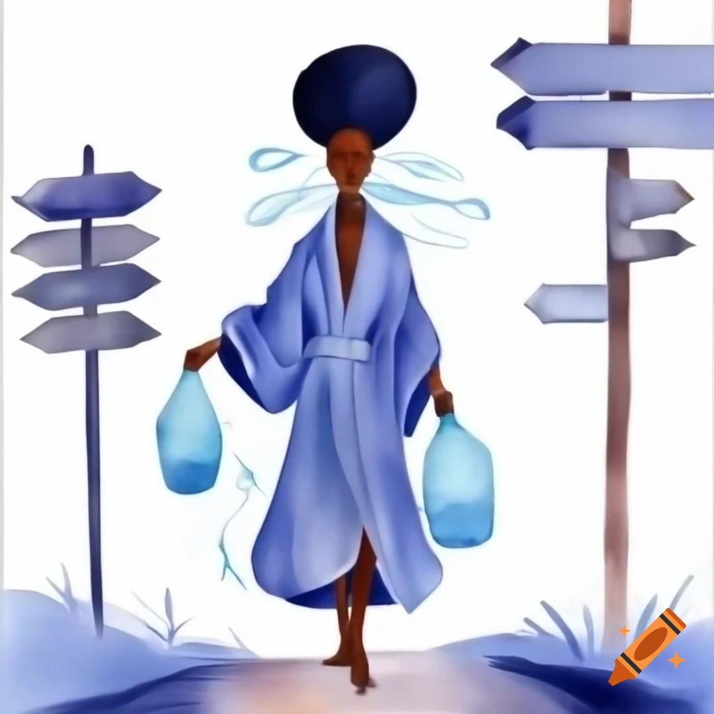Elegant black woman in robe carrying water on her head, artistic representation of Aquarius