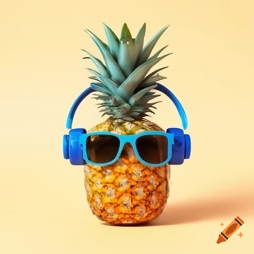 Pineapple wearing blue headphones and black sunglasses