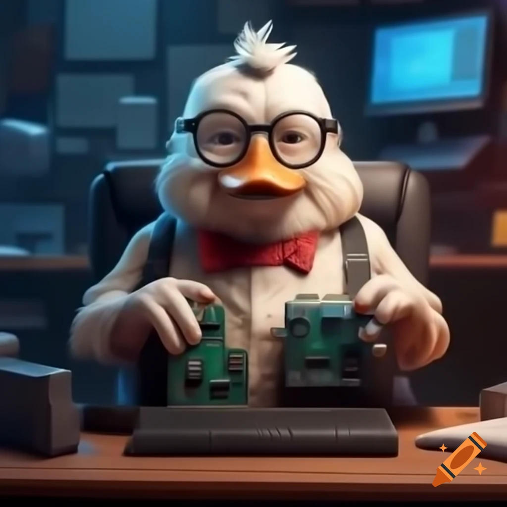 Cartoon elderly duck with glasses holding electronic component in front of desktop
