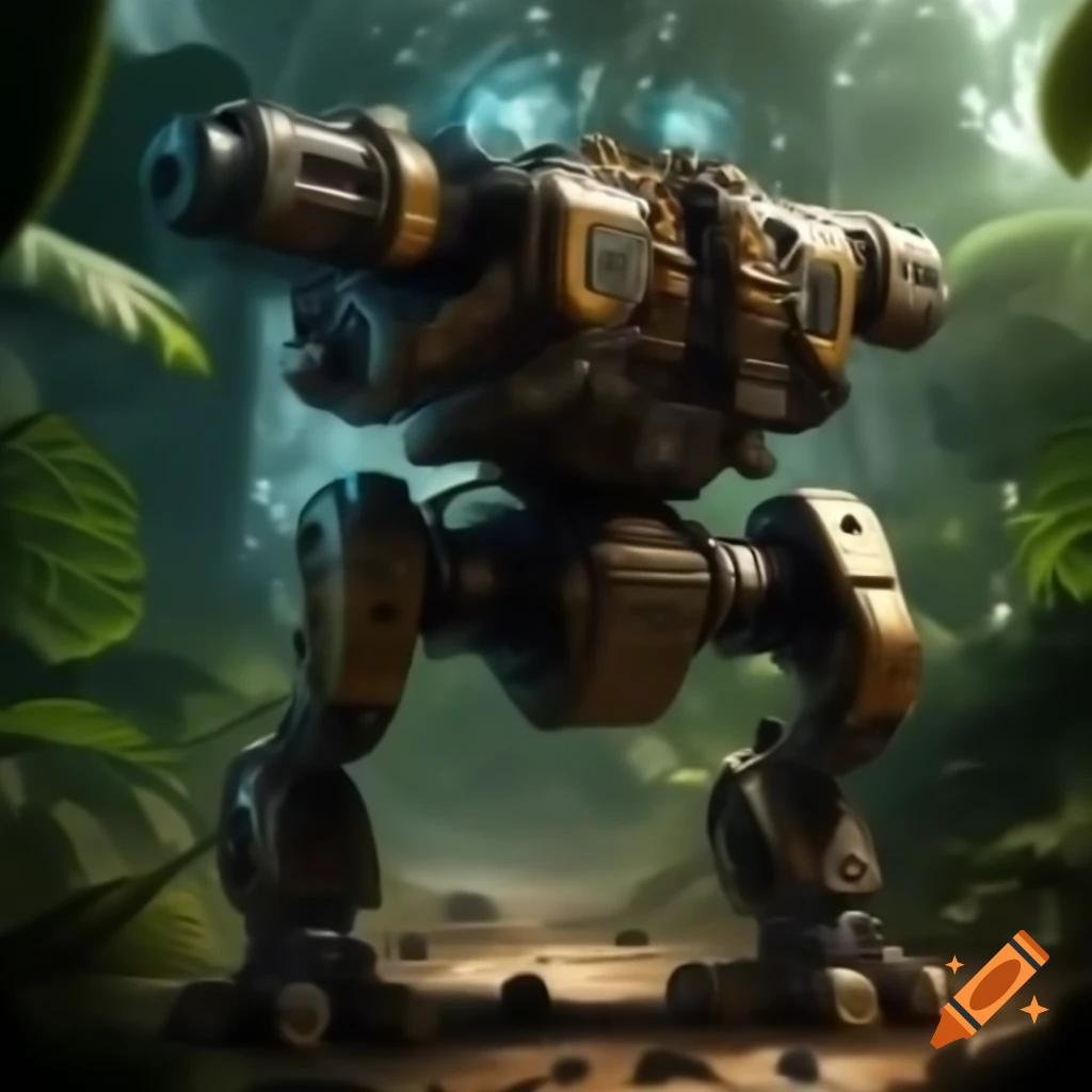 High-tech sentinel cannon with robotic legs carrying beer kegs in jungle battlefield