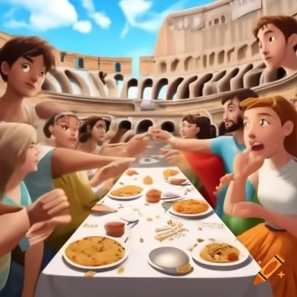 Young people playfully fighting with various foods in the Roman Colosseum under a blue sky