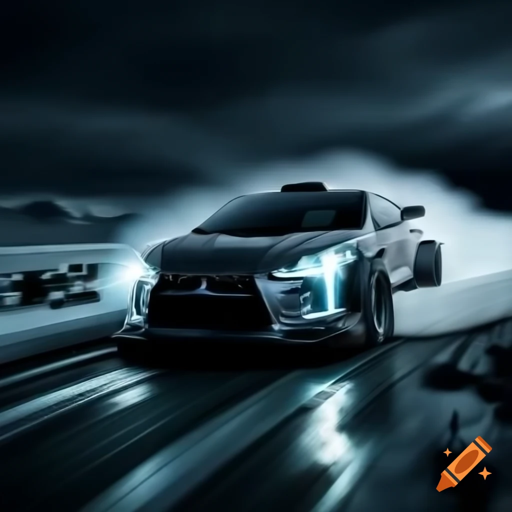 Futuristic Mitsubishi Eclipse 2012 sports car drifting in frozen wasteland at night