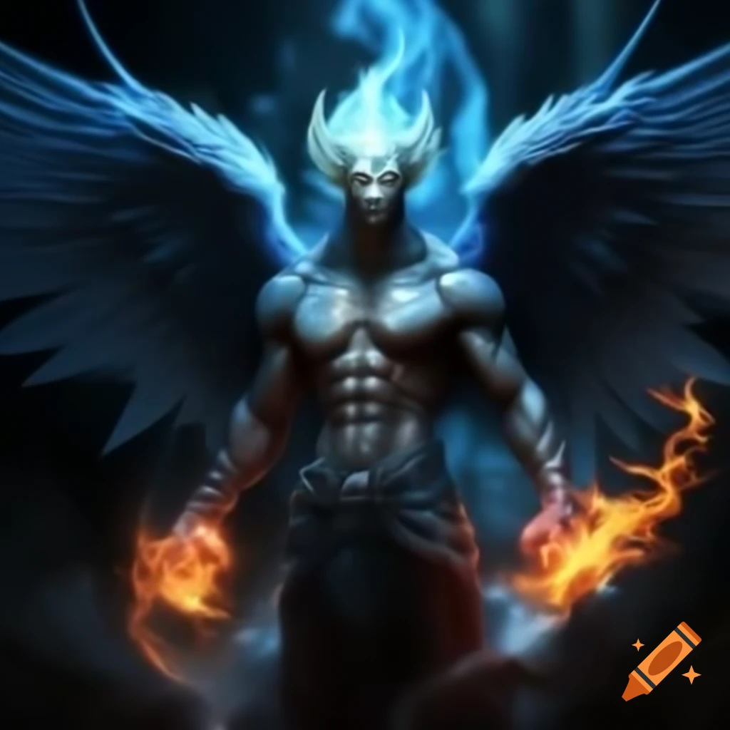 Illustration of an Akuma with bright blue wings and fiery eyes