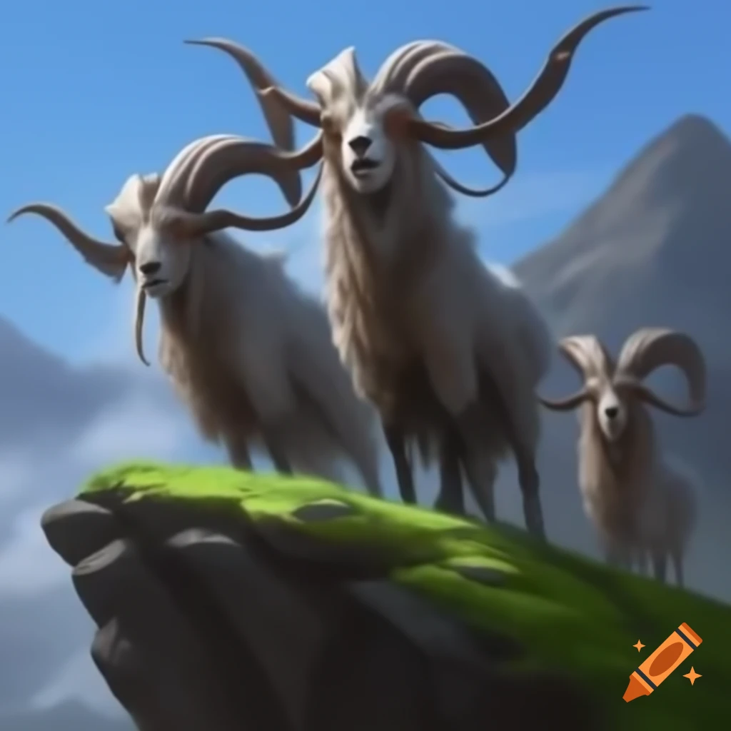 Giant mythical goats with large horns on a mountain