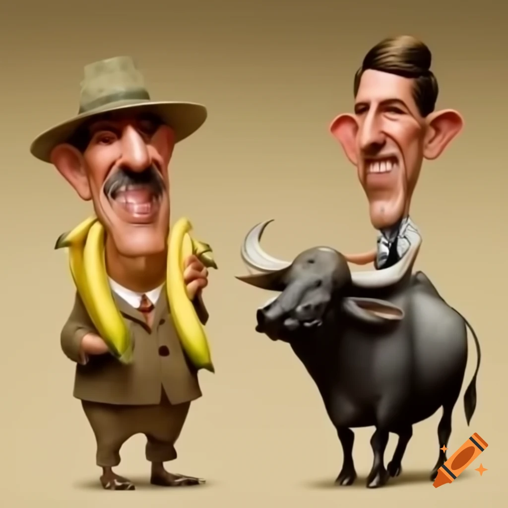 Two caricature characters, one with a banana and the other with a carabao