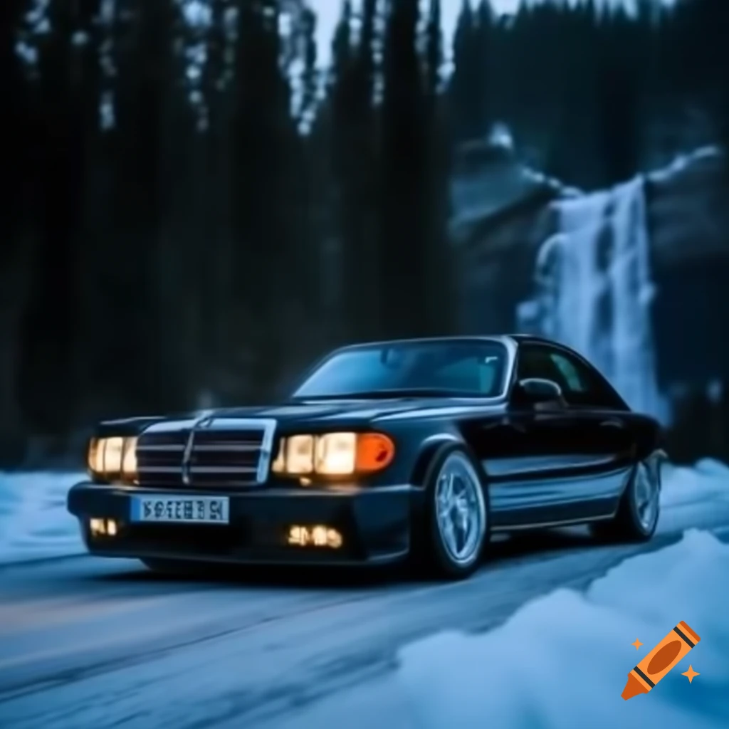 Mercedes W140 600SEL V12 engine near lake and mountains under starry sky