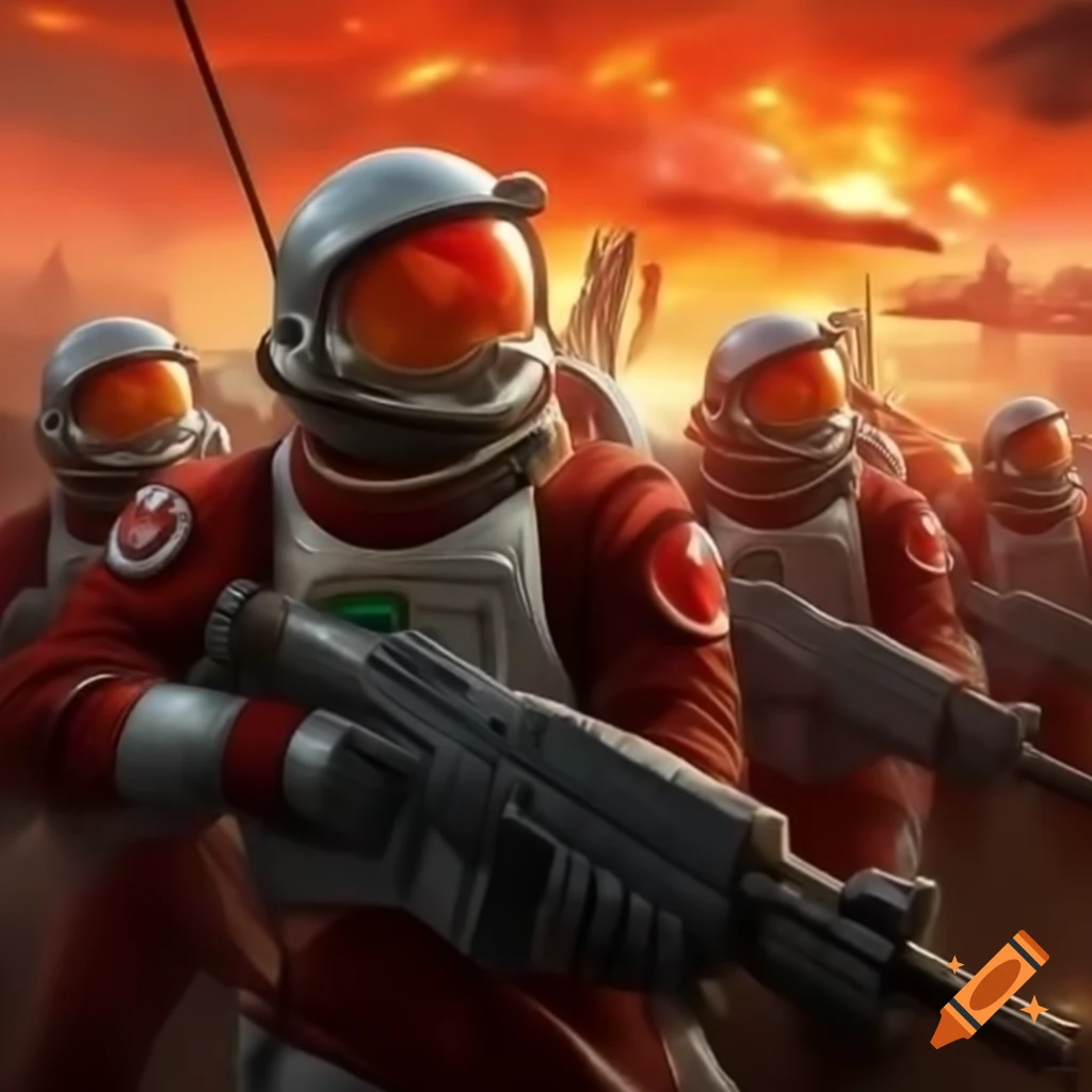 Timelords and guards in futuristic battle scene with explosions in Gallifrey