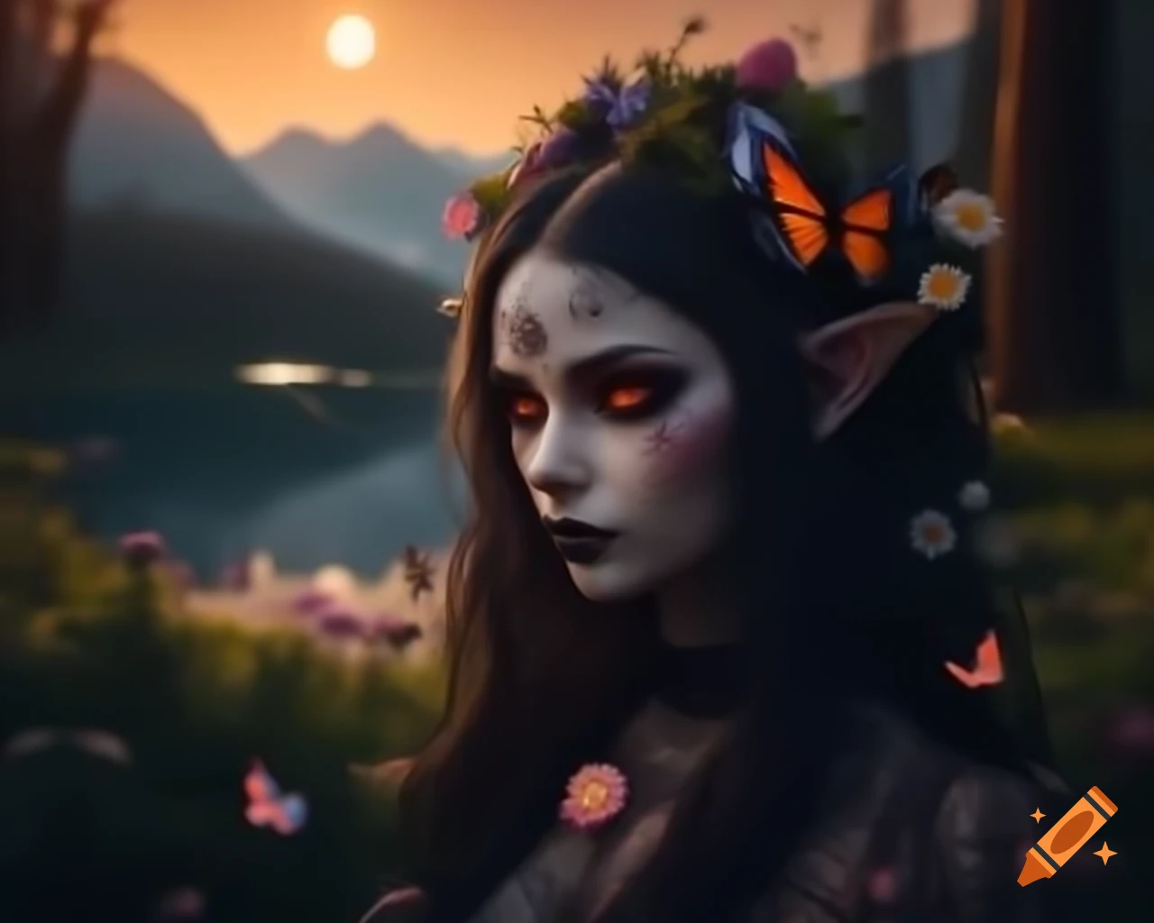 Hyperrealistic Gothic woman with flowers and butterflies in hair, deep eyes, and freckles