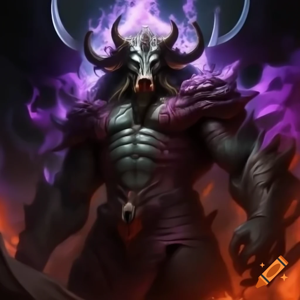 Dark fantasy portrait of Ganon in beast form with tusks and purple magic fire