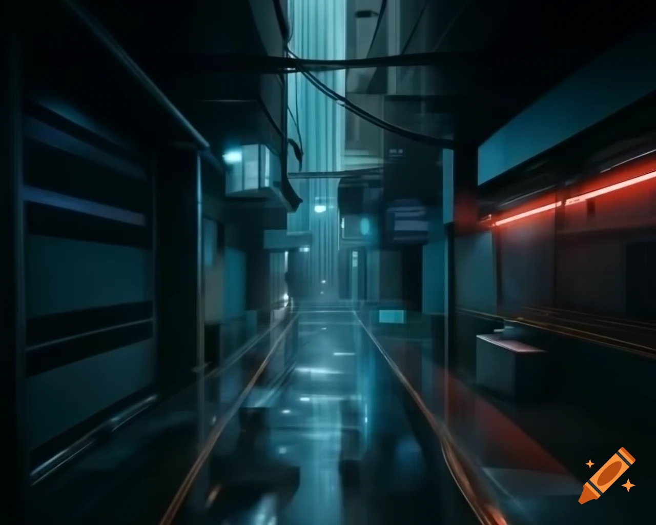 Cyberpunk alleyway with neon lights reflecting on rain-soaked surfaces