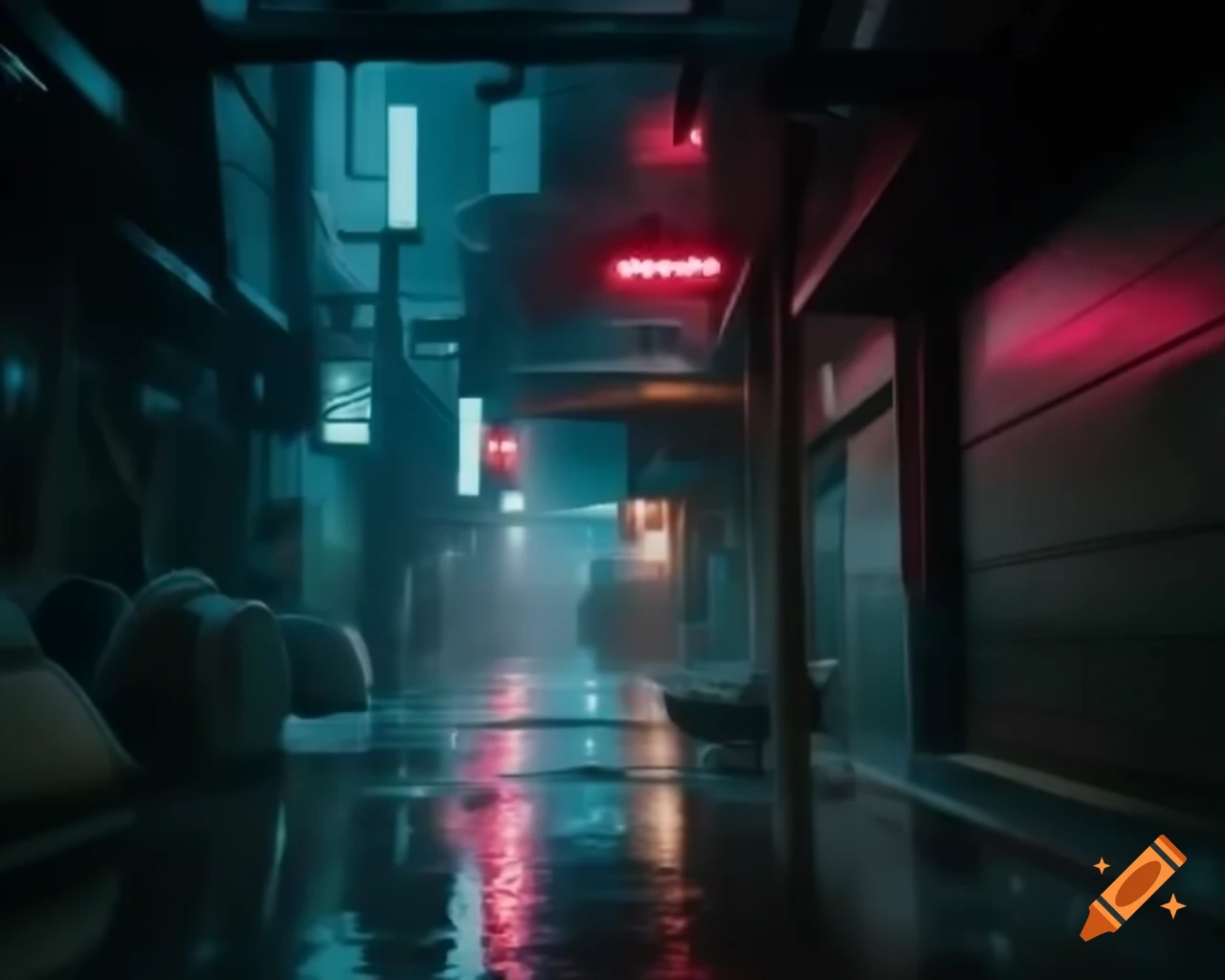 Cyberpunk alleyway with neon lights reflecting on rain-soaked surfaces