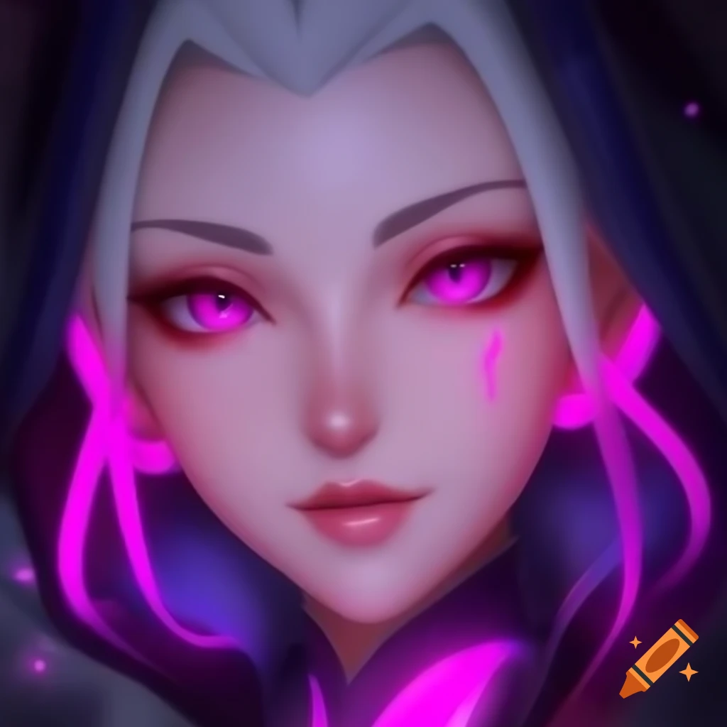 Sorceress with sparkling pink eyes and neon pink streaked blonde hair