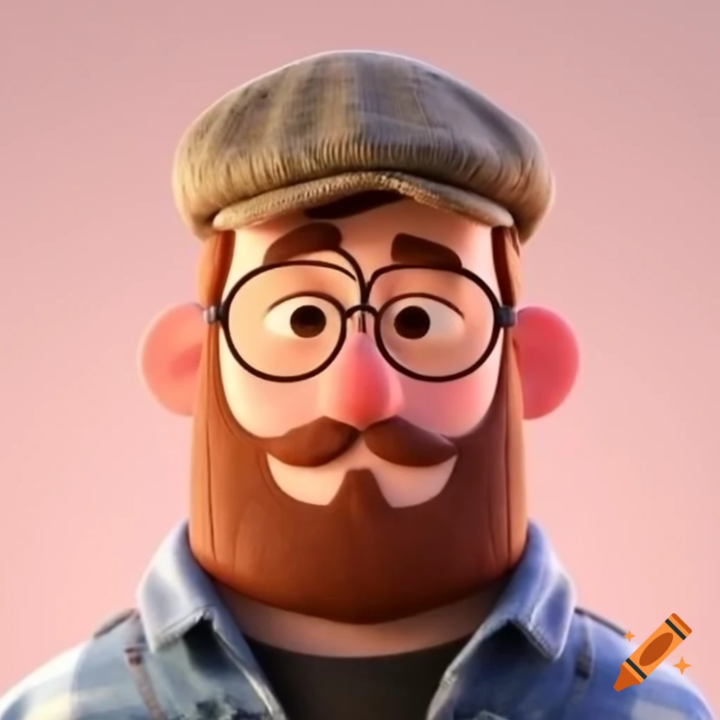 Man with brown beard, jeans, and tweed cap on pink background in Pixar style