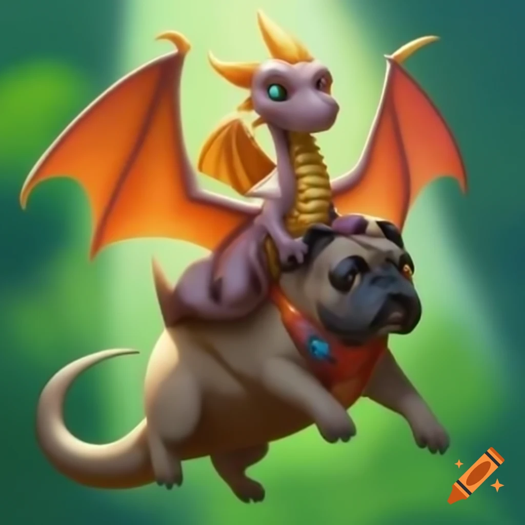 Whimsical dragon riding a pug