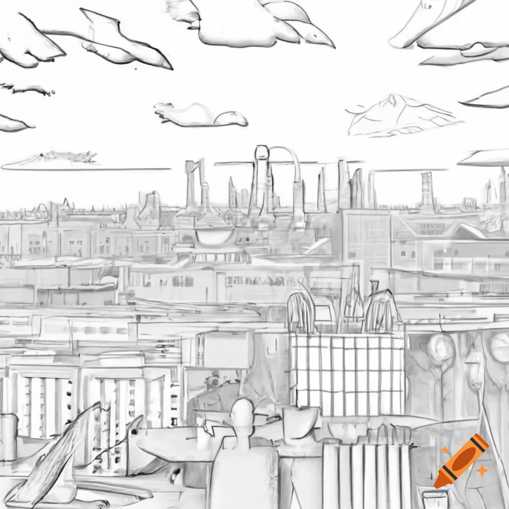 Detailed line pen drawing of London cityscape with sharp lines