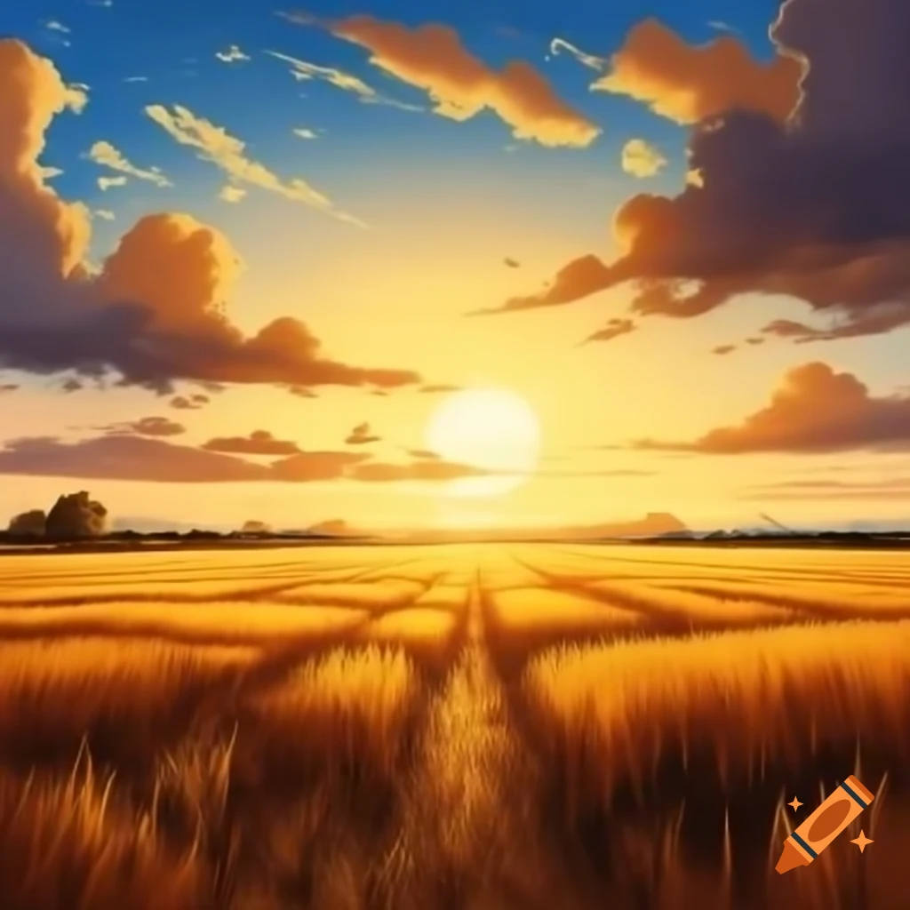 Vast wheat field during golden hour on a windy day, illustrated