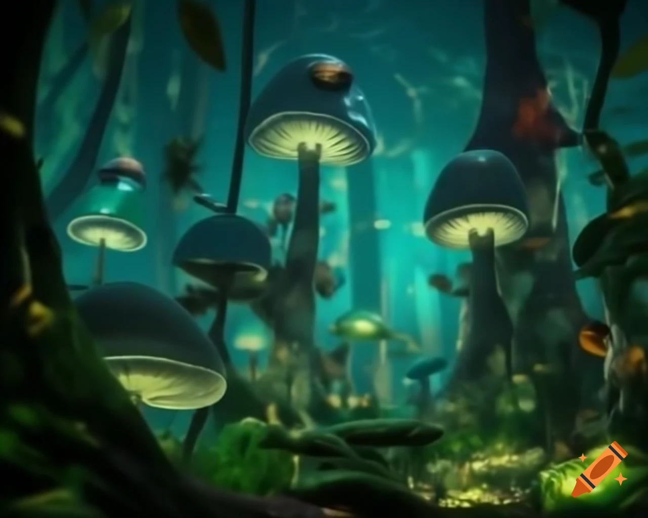 Surreal biopunk forest with glowing bioluminescent trees merging nature and technology