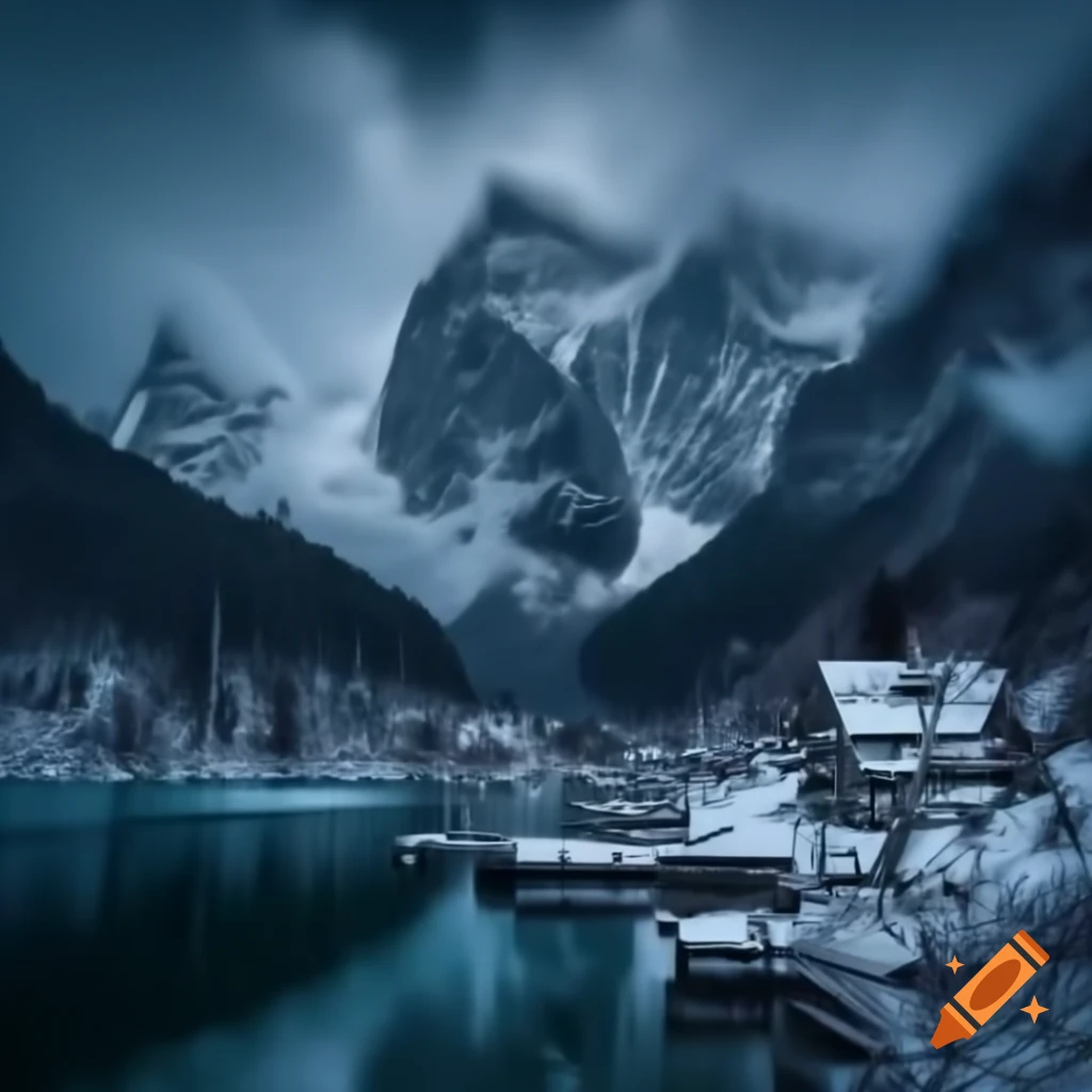 Village surrounding lake in valley between snowy mountains