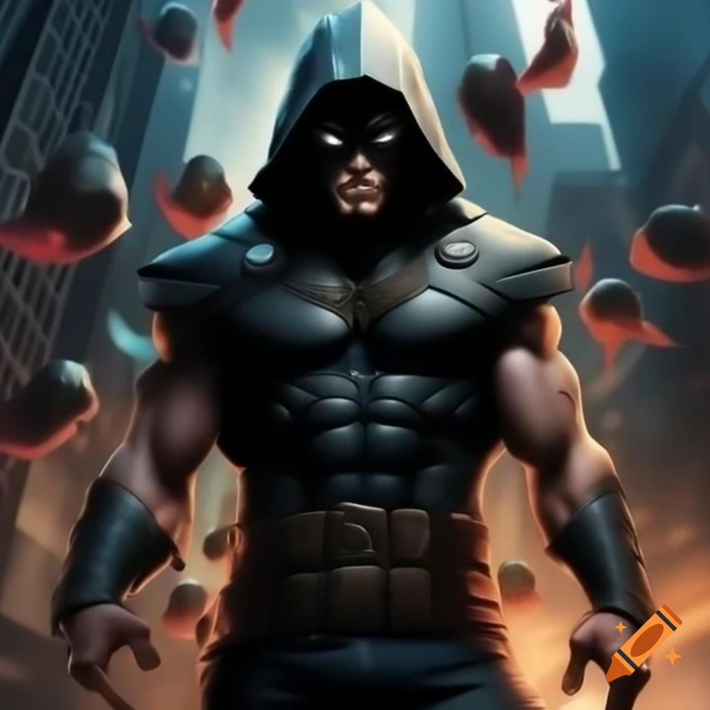 Evil supervillain in gladiator mask and black outfit floating over city