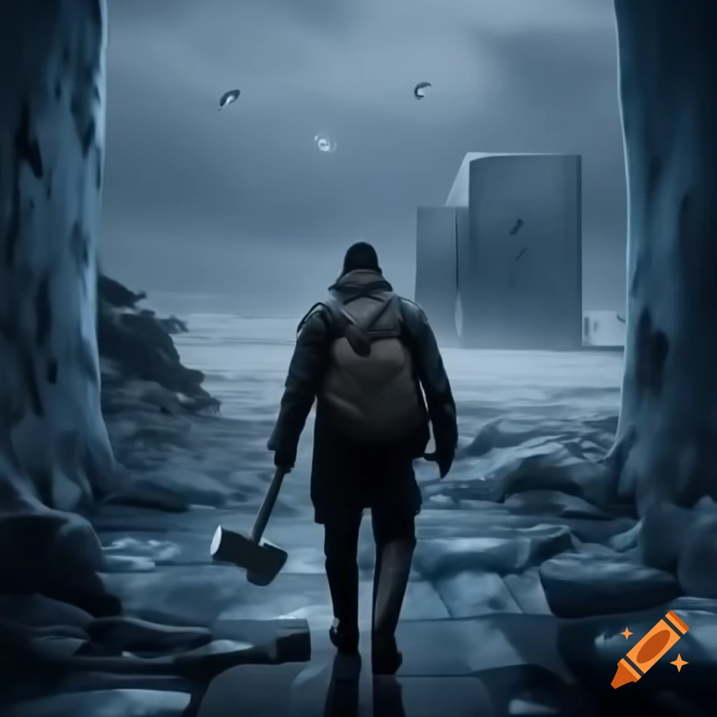 Rugged man in post-apocalyptic ice landscape striking crumbling wall