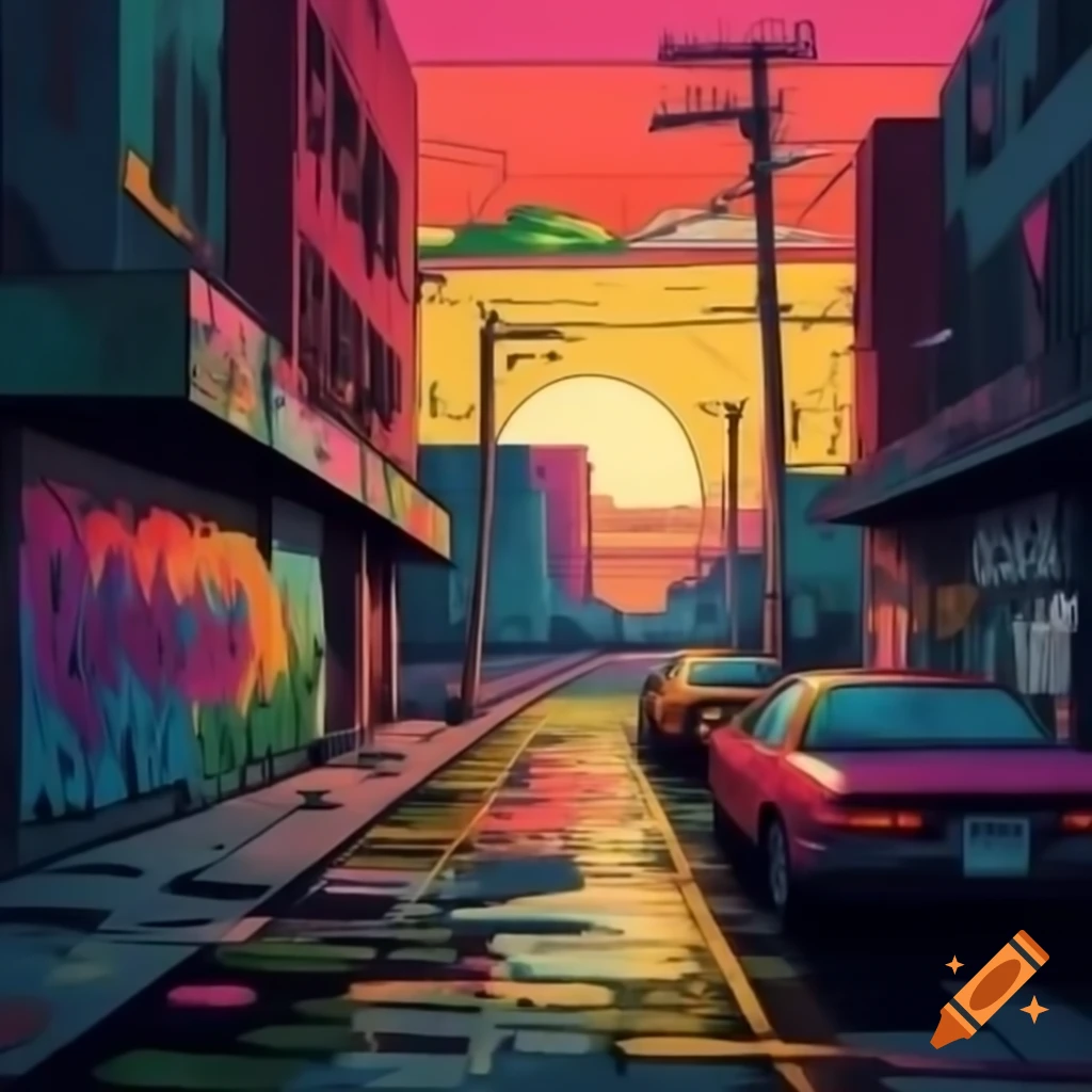 Colorful city ghetto with graffiti art under a rainbow sunset