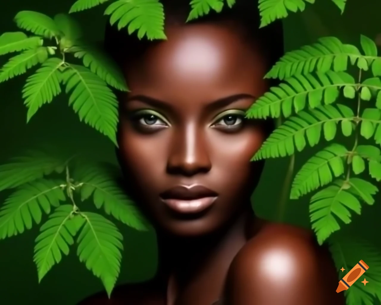 Majestic african woman adorned with fresh moringa leaves symbolizing
